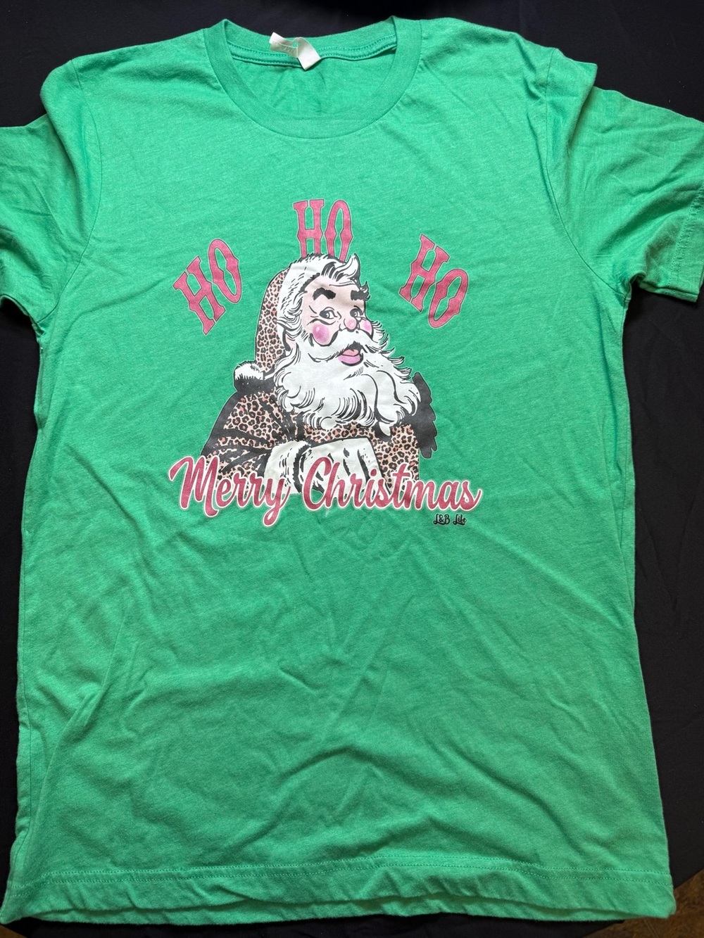 Bella Canvas Green Tee with Pink Santa Graphic (L)